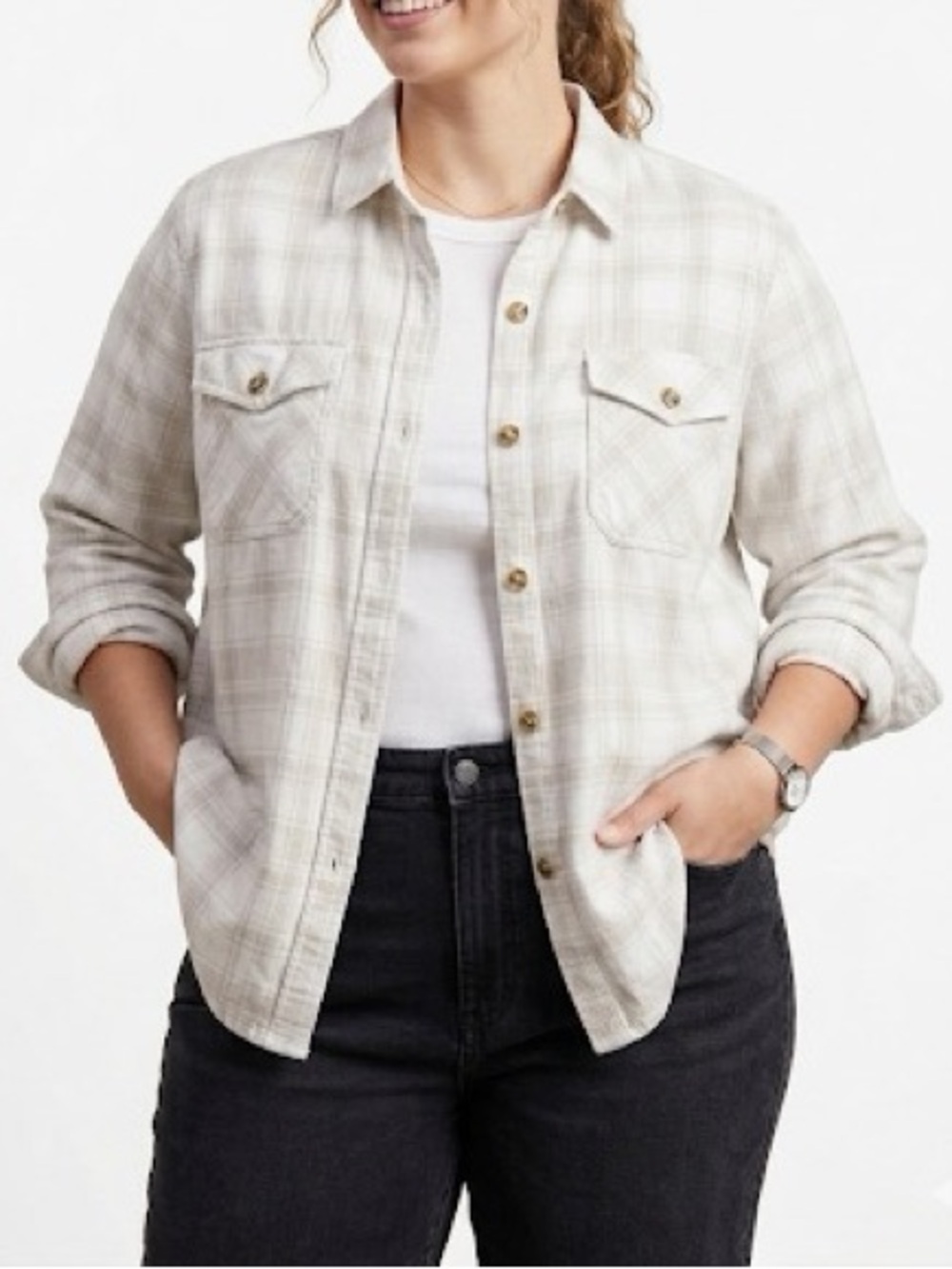 Frank & Oak Flannel Plaid Button Down Shirt Size XXL Cream Tan - Picture 1 of 11